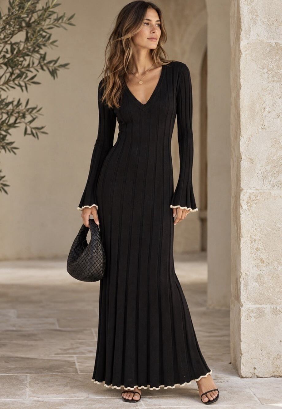 DISSH Black Ribbed Knit Maxi Dress M Tencel Linen V Neck Long Sleeve Ivory Trim